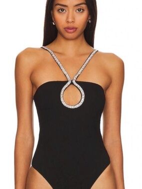 superdown Black Bodysuit with Silver Rhinestone Straps